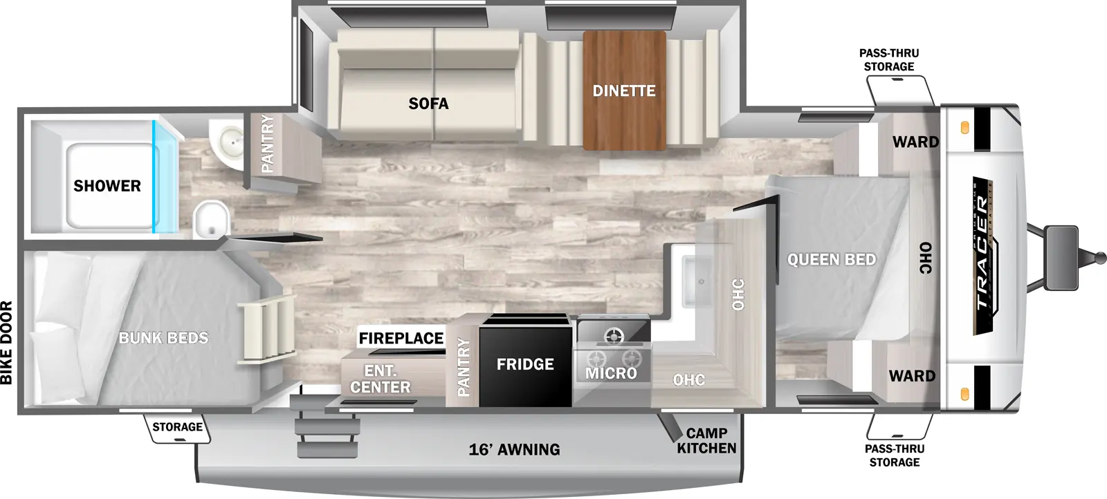 The Tracer 28BHS has one entry and one slide out. Exterior features include: fiberglass exterior, 16' awning and outside kitchen. Interiors features include: bunk beds and front bedroom.